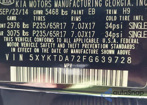 2015 Kia Sorento Lx V6 from USA, damaged, VIN 5XYKTDA72FG639728